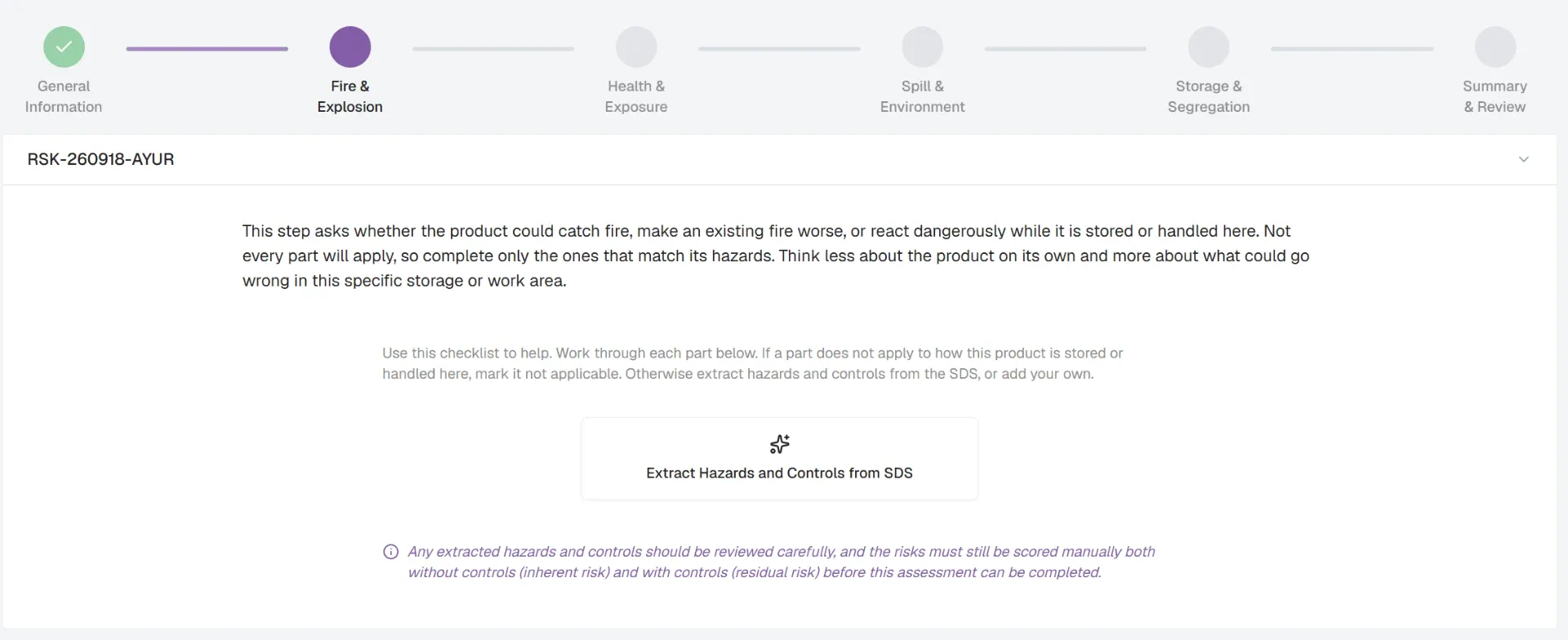 Product Risk Assessment wizard showing the Fire and Explosion step, with guidance text and the option to extract hazards and controls from the SDS